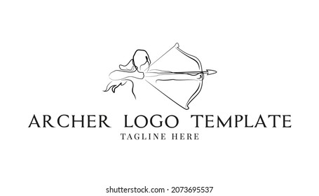 Archer logo inspiration design template. Girl archer line art vector illustration logo design. Bow and arrows icon logo for branding identity. Archer athlete vector element. Feminine gaming mascot.