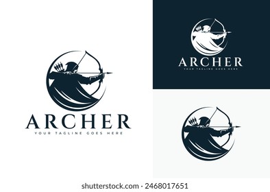 Archer logo with a man holding a bow and arrow. The logo is blue and white. The logo is for a company that sells archery equipment