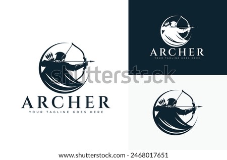 Archer logo with a man holding a bow and arrow. The logo is blue and white. The logo is for a company that sells archery equipment