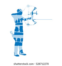 Archer man with bow and arrow vector background abstract illustration concept made of forest tree fragments isolated on white