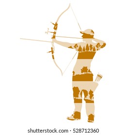 Archer man with bow and arrow vector background abstract illustration concept made of forest tree fragments isolated on white