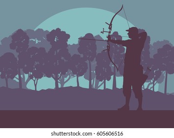 Archer man with bow outdoor training in front of forest trees vector background sunset