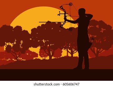 Archer man with bow outdoor training in front of forest trees vector background sunset
