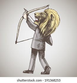 Archer. Man with a lion's head in a tuxedo. Vector illustration.