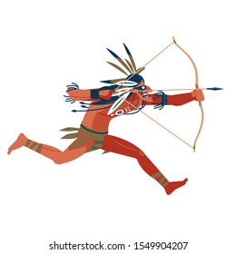 Archer, Maori warrior attacks on the run by shooting a bow. Native American Indian warrior man with bow. Cartoon, flat vector illustration isolated in white background.