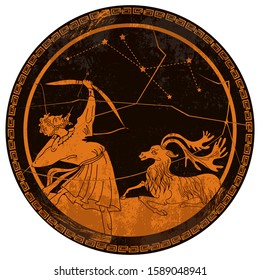 Archer. Meander circle style. Ancient Greece. Scene of hunting. Mythology and legends. Red figure techniques. Greek vase painting 