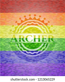 Archer on mosaic background with the colors of the LGBT flag