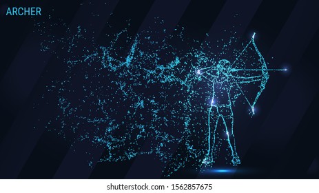 Archer of the particles. Archer consists of dots and circles. Blue Archer on dark background