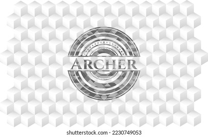 Archer realistic grey emblem with geometric cube white background. 
