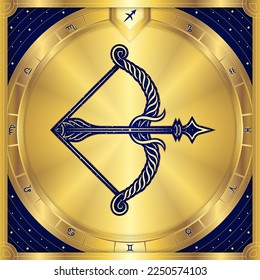 Signo de Zodiac Centaur Sagittarius, Meander Golden Griego clásico de lujo, Signo Estelar Estelar, Telefonía de Fortuna de Horoscopio y Predicción del Futuro, Ilustración de diseño de vectores de íconos de distintivo de elemento.