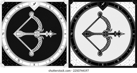 Archer Sagittarius Zodiac Sign, Classic Greek Meander Black-White Silhouette, Stellar Star Sign, Horoscope Astrology Fortune-Telling and Future Prediction, Badge Icon Vector Design Illustration.