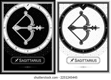 Archer Sagittarius Zodiac Sign and Symbol, Classic Luxury Circular Black-White Silhouette Greek Meander Fortune Card, Stellar Star Sign, Horoscope Astrology Fortune-Telling and Future Prediction.