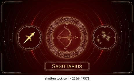 Signo de zodiaco arquero, símbolo, constelación estelar estelar, rueda de la lumbrera griega clásica, horóscopo y astrología, telonaje de fortuna, fondo estelar