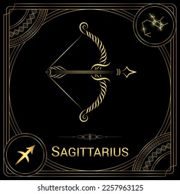 Archer Sagittarius Zodiac Sign, Symbol, Stellar Star Constellation, Horoscope and Astrology, Fortune-Telling Square Badge Icon Vector Illustration