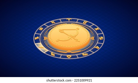 Archer Sagittarius Zodiac Symbol, Wheel of Twelve-Sign, Neon Glow Isometric Bas-Relief Sculpture, Horoscope and Astrology Element for Fortune-Telling, Lattice Grid Backdrop Background.