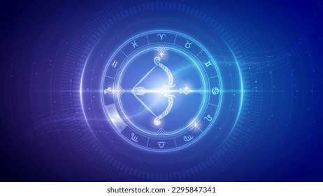 Archer Sagittarius Zodiac Wheel Star Sign Futuristic Hologram Neon Glow Cybernetic Digital Translucent Horoscope, Astrology and Fortune-Telling Backdrop Background Illustration