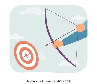 Archer shooting at target, holding bow and arrow. Person stretching bowstring for aiming flat vector illustration. Archery, focus on goal concept for banner, website design or landing web page