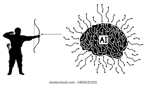 Archer shoots the arrow at artificial intelligence. Vector illustration