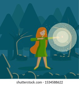 Archer shoots in the night forest
