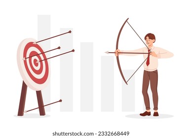 Archer shoots at target concept. Man with bow near bullseye. Vision for future and planning. Manager with statistics and infographics. Accuracy sports training. Cartoon flat vector illustration