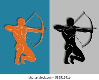 archer silhouette, black and color drawing, simple background