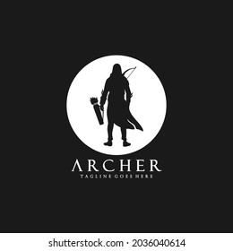 archer soldier silhouette with arrow logo in black and white style vector design 