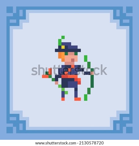 Archer standing with his bow. Pixel art character. Vector illustration in 8 bit style