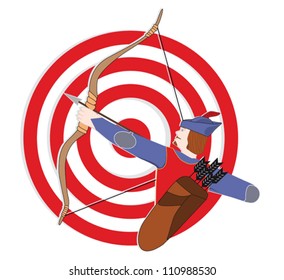 Archer With Target. Archer pulling a bow and arrow superimposed on a red and white target of concentric circles, illustration.