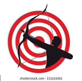 Archer With Target. Silhouette of an archer pulling a bow and arrow superimposed on a red and white target of concentric circles, illustration.