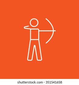 Archer training with the bow line icon for web, mobile and infographics. Vector white icon isolated on red background.