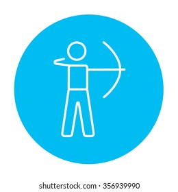 Archer training with the bow line icon for web, mobile and infographics. Vector white icon on the light blue circle isolated on white background.
