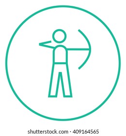 Archer training with bow line icon.