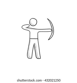 Bogenübungen mit Bugvektorskizze Symbol einzeln auf Hintergrund. Handgezeichnetes Archer Training mit Bugsymbol. Archer-Training mit Bugsketch-Symbol für Infografik, Website oder App.