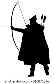 Archer Vector Silhouette Illustration Isolated On White Background. 
Robin Hood Silhouette Vector. Traditional Hunter In Hunting. Medieval Knight.