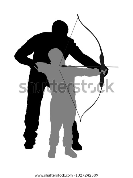 白い背景に射手のベクターシルエットイラスト 狩猟の猟師 父は息子に弓矢を持つように教える 父の日は 男の子と過ごすと 狩りの本能が目を覚ます 育児 のベクター画像素材 ロイヤリティフリー