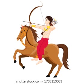 Caracteres de guerrero arquero con ilustración de vectores de caballo con arco y flecha