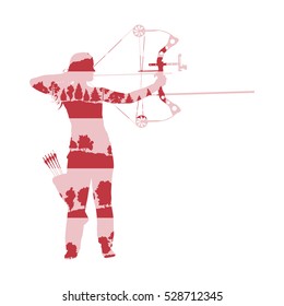 Archer woman with bow and arrow vector background abstract illustration concept made of forest tree fragments isolated on white