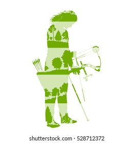 Archer woman with bow and arrow vector background abstract illustration concept made of forest tree fragments isolated on white