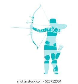 Archer woman with bow and arrow vector background abstract illustration concept made of forest tree fragments isolated on white