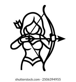 Archer Woman logo or modern line icon. Vector line art and icon design with bold outline. Black and white Pixel Perfect minimalistic symbol isolate white background. Creative logotype