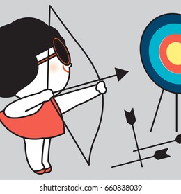 Archer Young Woman Pulls The Bowstring And Arrow, Aiming At A Target Concept Card Character illustration