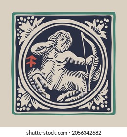 Archer zodiac medieval-style illustration. Dim colored square emblem perfect for T-shirts, retro manuscripts, and invitations.