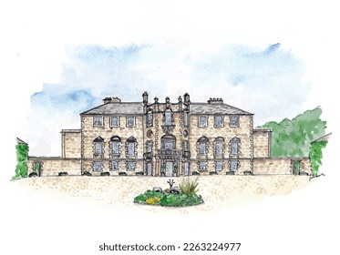 Archerfield House Scottish country house wedding venue sketch illustration. Isolated vector.