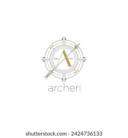 Archeri template line art logos. 
compass bow arrow pointing to target.