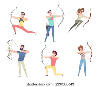 Archers. Sport activity with battle archer and arrows characters of different nations and disability shooting to targets aim exact vector templates