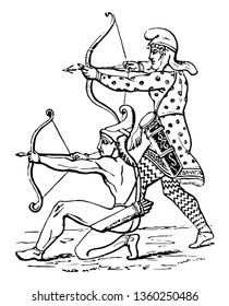 Archers using a phaetra, vintage line drawing or engraving illustration.