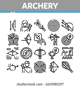 Archery Activity Sport Collection Icons Set Vector. Archery Target And Equipment, Crossbow And Bow, Arrow And Archer, Championship Cup Concept Linear Pictograms. Monochrome Contour Illustrations