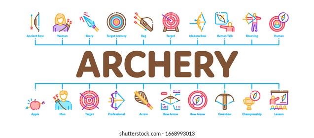 Archery Activity Sport Minimal Infographic Web Banner Vector. Archery Target And Equipment, Crossbow And Bow, Arrow And Archer, Championship Cup Illustrations