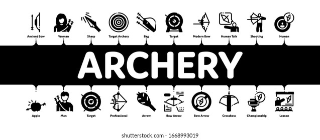 Archery Activity Sport Minimal Infographic Web Banner Vector. Archery Target And Equipment, Crossbow And Bow, Arrow And Archer, Championship Cup Illustrations