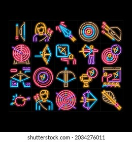 Archery Activity Sport neon light sign vector. Glowing bright icon  Archery Target And Equipment, Crossbow And Bow, Arrow And Archer, Championship Cup Illustrations